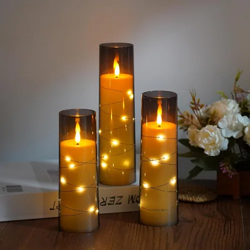 Vista 3 de Velas sin llama, con cadena de estrellas incorporada, velas LED parpadeantes que funcionan con pilas, velas de pilar con control remoto
