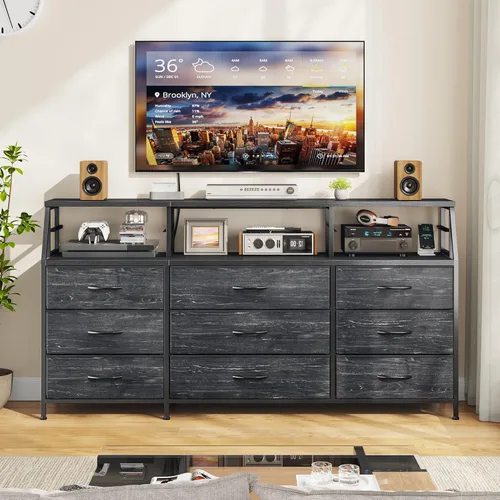 Vista 3 de Homkdom Cómoda negra para dormitorio con cajones de tela, cómoda larga, cómoda de soporte de TV de 55 pulgadas de ancho, centro de entretenimiento