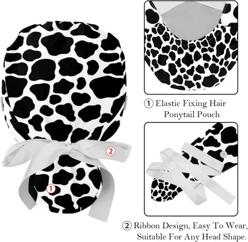 Vista 4 de DHH166 2 paquetes de gorras de trabajo con botones, banda para el sudor, gorras quirúrgicas ajustables para mujer, estampado de vaca impresa, Multi