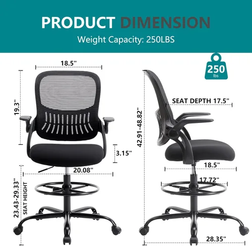 Vista 3 de DUMOS Silla de dibujo para escritorio de pie, altura de mostrador ajustable, brazos abatibles, ergonómicas de malla con respaldo medio, sillas