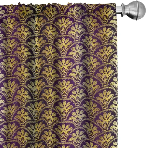 Ambesonne Yellow Damask Curtains, Fish Scale Style Traditional Eastern Peacock Motif and Braid Stripes, Window Treatments 2 Panel Set for Living