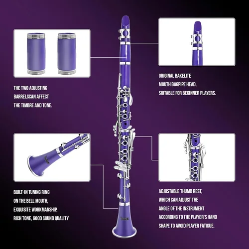 Vista 2 de Soulmate Clarinete Bb Flat 17 teclas de níquel Clarinete morado para estudiantes principiantes con estuche rígido de 2 barriles y kit de limpieza