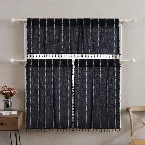 Vista 2 de RoomTalks - Cortinas de cocina bohemias negras, rústicas y vintage, a rayas francesas, modernas, con borlas, para ventanas pequeñas, cocina y baño