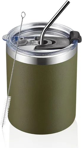Vista 2 de MEWAY Vaso Lowball Tumbler de acero inoxidable de 12 onzas con aislamiento al vacío de doble pared con popote y tapa, cepillo de limpieza, taza