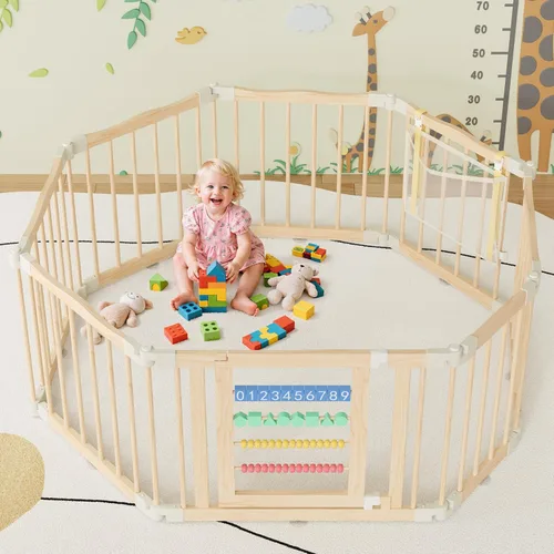 Vista 6 de Corralito de madera para bebés de 50 x 50 pulgadas, valla plegable con bonitos bloques digitales y bolsa de almacenamiento, puerta de madera