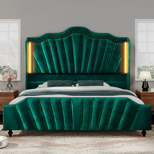 Vista 29 de DWVO Base de cama de plataforma tamaño Queen con cabecera y estribo de 60 pulgadas de alto, cama tapizada de terciopelo con luz LED, patas de madera
