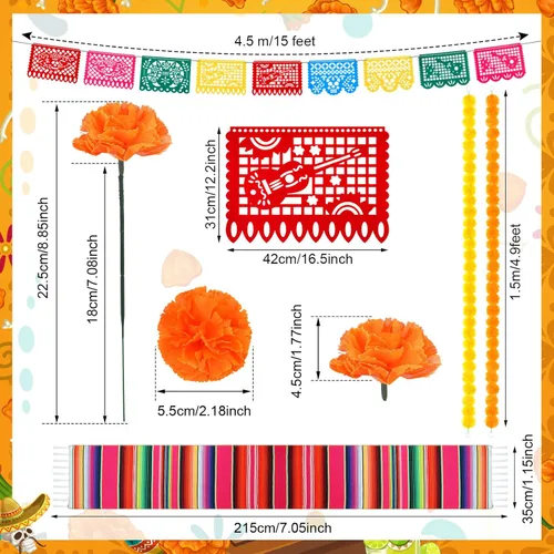 Vista 2 de Juego de 112 piezas de decoración del Día de los Muertos, 100 caléndula artificial a granel, 2 guirnaldas de caléndula artificial de 5 pies, 9