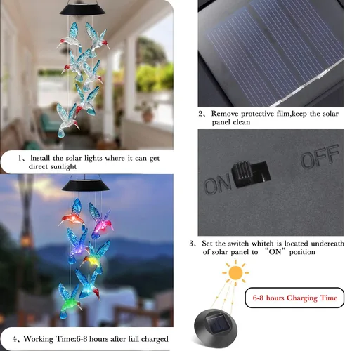 Vista 5 de Campanillas de viento solares de colibrí, luces solares que cambian de color, luces solares LED impermeables para exteriores, luces solares