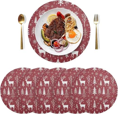 Vista 3 de White Deer Pine Trees Red Place Mat, Non Slip Non Slip Heat Resistant Placemats for Kitchen one sizex1