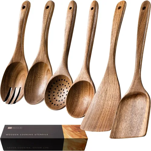 Vista 11 de cucharas de madera para cocinar, juego de utensilios de cocina antiadherentes con 10 piezas de espátulas y cucharas de madera de acacia