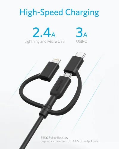 Vista 5 de Cable Anker Powerline II 3 en 1, cable Lightning/Type C/Micro USB para iPhone, iPad, Huawei, HTC, LG, Samsung Galaxy, Sony Xperia, smartphones Negro