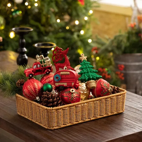 Vista 3 de Valery Madelyn 60 unidades tradicionales inastillables adornos de bolas de Navidad, adornos de árbol de Navidad color verde y rojo dorado a granel