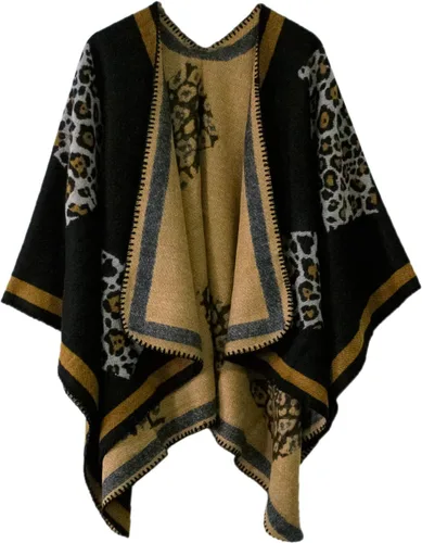 Vista 11 de Chal estilo poncho de frente abierta con patrón vintage para mujer, abrigo de invierno Serie 15-negro