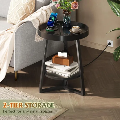 Vista 2 de WLIVE Mesa auxiliar redonda pequeña con estación de carga, mesa auxiliar redonda, mesa auxiliar de 2 niveles para sala de estar/dormitorio, sofá