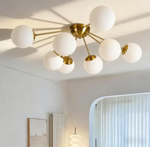 Vista 12 de Bagood Lámpara de techo semiempotrada moderna de mediados de siglo, 3 luces de cristal transparente, lámpara de techo moderna de globo negro mate