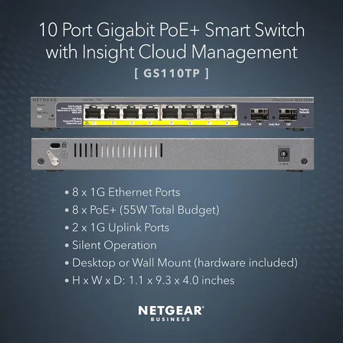 Vista 2 de NETGEAR Switch Inteligente Gigabit Ethernet PoE de 10 puertos (GS110TP) - Gestionado, con 8 x PoE+ @ 55W, 2 x 1G SFP, administración opcional