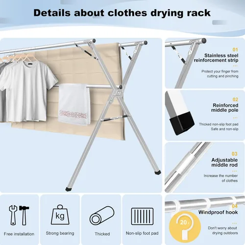 Vista 3 de Sarahipe Sillars Perchero de Ropa para Secar, Perchero de Secado de 160 cm para Ropa Plegable y Colapsable de Acero Inoxidable Resistente Perchero