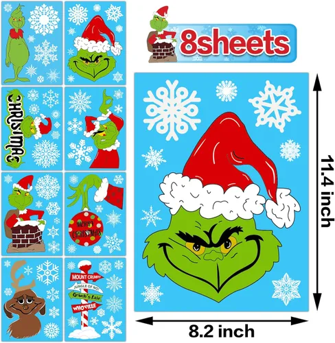 Vista 2 de RMMDO Decoraciones navideñas para ventanas, 8 hojas de decoración de Navidad, calcomanías de ventana de Navidad, calcomanías de ventana de Navidad