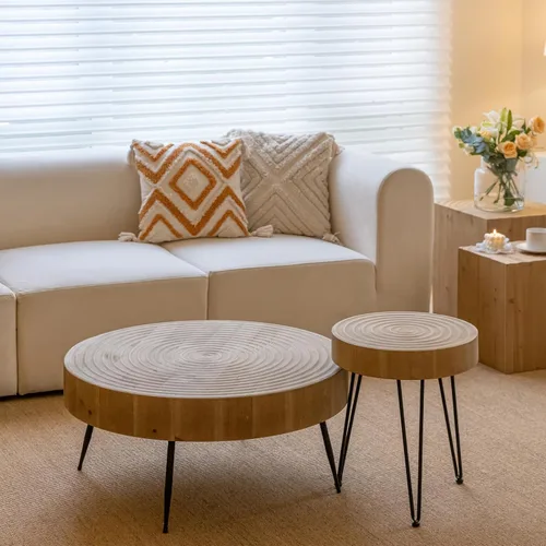 Vista 9 de LONYKE Juego de mesa de centro estilo granja de 2 piezas, redonda con patrón radial de madera artesanal, juego de mesa de café moderna para sala