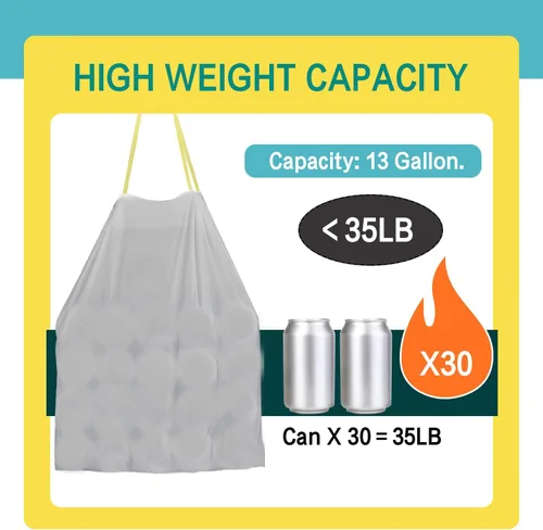 Vista 4 de Bolsas de basura con cordón de cocina fuertes y altas, forros grandes para cubos de basura, 13 galones, sin perfume, 50