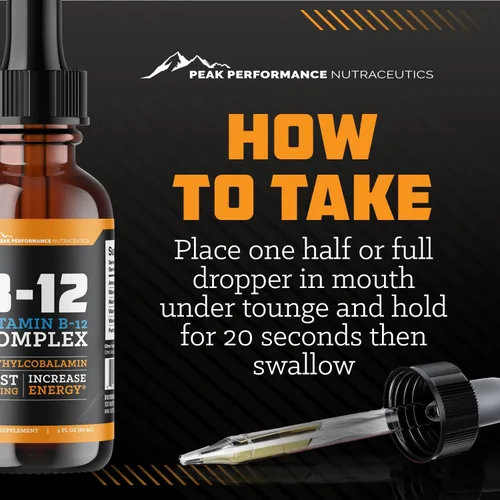 Vista 5 de Gotas sublinguales de vitamina B12. Suplemento dietético líquido de metilcobalamina para una energía constante y aumentada. Las vitaminas B12 son