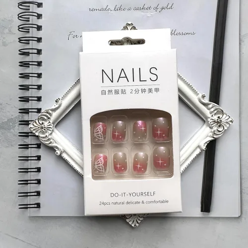 Vista 2 de 24 uñas postizas cuadradas a presión, uñas postizas cortas con diseño de estrellas y mariposas blancas aurora, diseño de puntos, uñas postizas