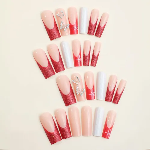 Vista 6 de Uñas postizas a presión de punta francesa, uñas postizas largas cuadradas rojas de Navidad, puntas de uñas rojas brillantes, uñas acrílicas
