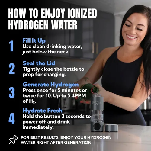 Vista 5 de EVOLV Generador de botellas de agua de hidrógeno - Ionizador de agua SPE y PEM 5PPM, dosis concentrada más alta - Botella de agua hidrogenada de 8