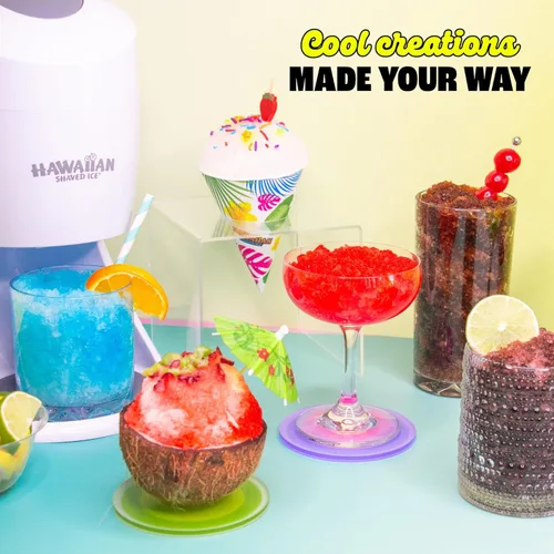 Vista 7 de Hawaiian Shaved Ice, Máquina Trituradora de Hielo y Paquete de Jarabes para Fiesta , Blanco