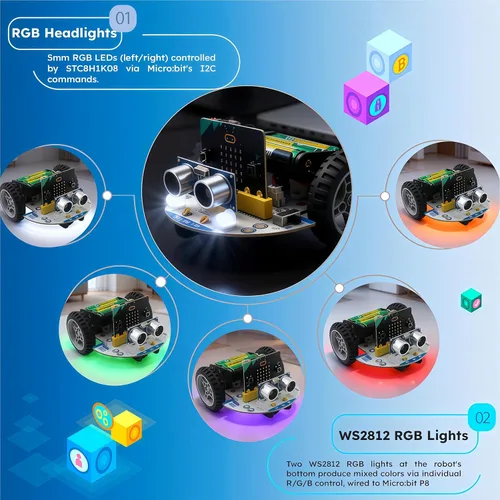 Vista 7 de Coche inteligente Micro:bit con tutoriales detallados en línea, soporta programación gráfica MakeCode, seguimiento de línea IR y módulos de luz RGB