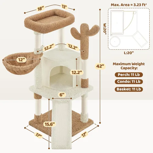 Vista 3 de Yaheetech Árbol de Cactus para Gatos, Torre de Gato de 42 Pulgadas para Gatos de Interior, Condominio para Gatitos de Múltiples Niveles con Poste