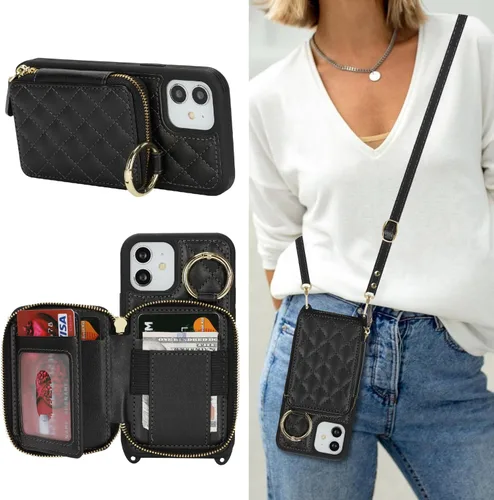 Vista 11 de Funda tipo cartera tipo bandolera para iPhone 11, de piel sintética, con cremallera, tipo cartera, con función atril, con ranuras para tarjetas