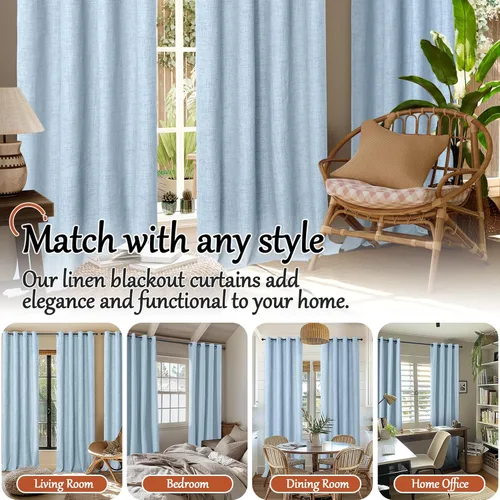 Vista 7 de Cortinas Opacas de Lino Azul Bebé para Guardería de 40 Pulgadas de Largo, 2 Paneles, Cortinas Cortas con Aislamiento Térmico Boho de Bloqueo Total