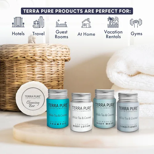 Vista 2 de Terra Pure Juego de artículos de tocador de té blanco y coco Kit de amenidades 1-Shoppe Líquidos de 1 oz, jabón en barra de 1.25 oz Hoteles