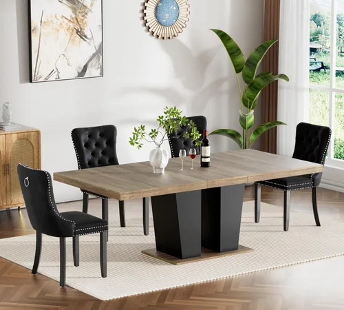 Vista 17 de Juego de mesa de comedor extensible de 7 piezas, juego de mesa de comedor extensible de estilo granja para 6, mesa de cocina expandible de madera