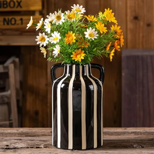 Vista 5 de Jarrón negro y blanco con asas, jarrones de flores decorativos modernos de cerámica para decoración del hogar, manto, centro de mesa rústico