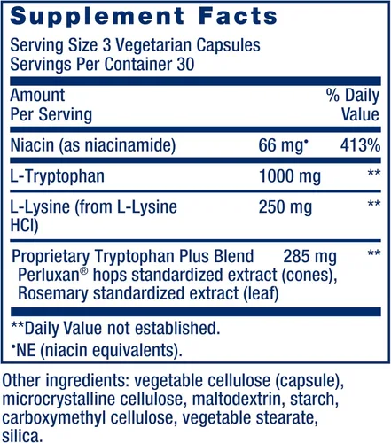 Vista 3 de Life Extension Optimized Tryptophan Plus 1000mg - Suplemento de L-triptófano con niacina y L-lisina para un sueño saludable y respuesta al estrés