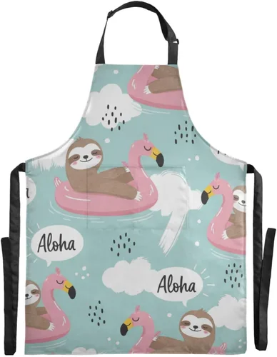 Bolaz Apron with Pockets-Cute Sloth on Flamingo，Waterproof Stain Resistant Women Men Unisex Adjustable Perfect for Kitchen Cooking, Grilling, Baking