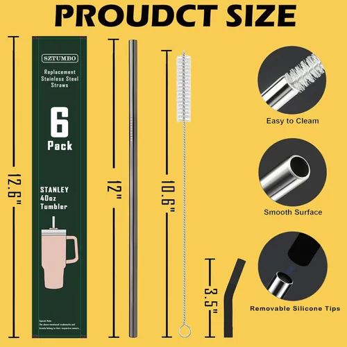 Vista 2 de Paquete de 6 popotes rectos reutilizables de acero inoxidable de 12 pulgadas, con 6 puntas de silicona y 2 cepillos de limpieza, para vaso Stanley