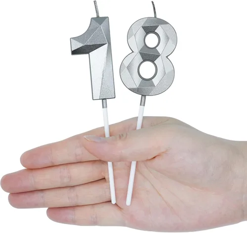 Vista 4 de Velas de cumpleaños de 65 y 56 para pastel, número plateado 65 56 3D con forma de diamante, decoración de cumpleaños, suministros de fiesta