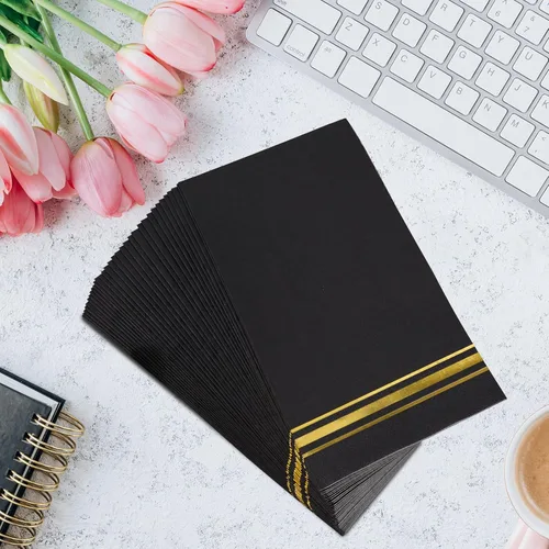Vista 6 de 200 Servilletas de Papel con Ribete Dorado Negras Elegantes Servilletas de Cena, Servilletas de Invitados de 3 Capas con Papel Dorado Desechables