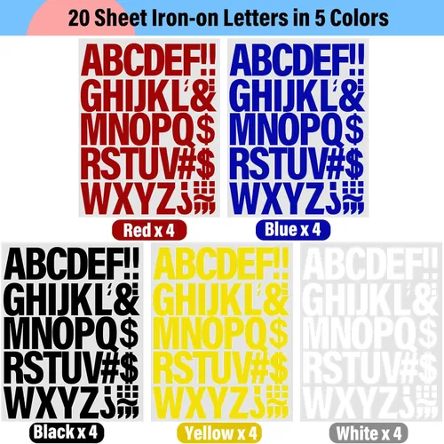 Vista 2 de 20 hojas de 880 letras termo-adhesivas para ropa, 2 pulgadas, 5 colores, parches de vinilo de transferencia de calor, alfabeto de poliuretano