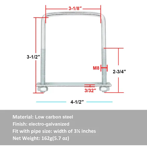 Vista 2 de 10 piezas de pernos en U cuadrados de 3 pulgadas de ancho para remolque, M8 x 3-1/8" x 3-1/2", acero electrogalvanizado