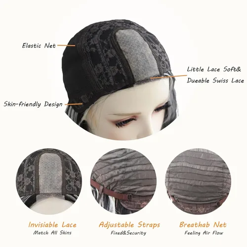 Vista 5 de Long Black Lace Front Wigs for White Women Black and White Highlight Glueless Body Wave Natural Curly Wig Heat Resistant Synthetic Loose Water Wave