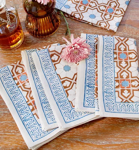 Vista 11 de Saffron Marigold 100% White Cotton Dinner Napkins, Set of 6, Hand Printed Enchanted - CP Design, Fair Trade, Washable Cloth Napkins for Parties &