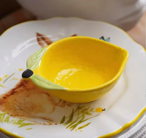 Vista 5 de 4 platos de cerámica para aperitivos con forma de limón, platos de condimento