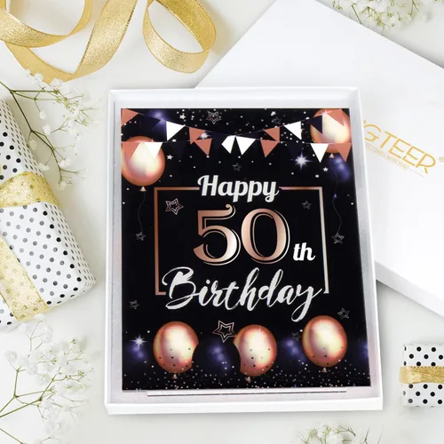 Vista 4 de LINGTEER Decoración de cumpleaños, soporte para globos, centros de mesa de acrílico, póster impreso de feliz 50 cumpleaños, centros de mesa de Negro