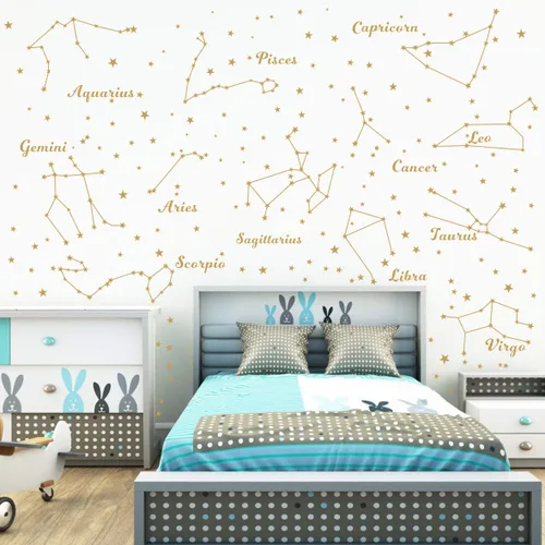 Vista 4 de Calcomanía de pared de constelación de doce constelaciones, estrellas, calcomanías de pared para cuarto de bebé, arte de astronomía del zodiaco