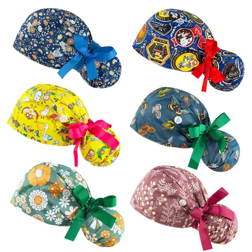 Vista 12 de Gorras quirúrgicas para mujer, gorra de trabajo ajustable, bolsa de cola de caballo, gorra de ducha con lazo en la parte trasera