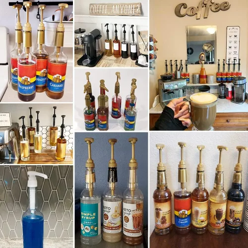 Vista 4 de Paquete de 8 dispensadores de jarabe de café negro, compatible con botellas de 25.4 onzas, ideal para mezclas de bebidas en el hogar y cafetería